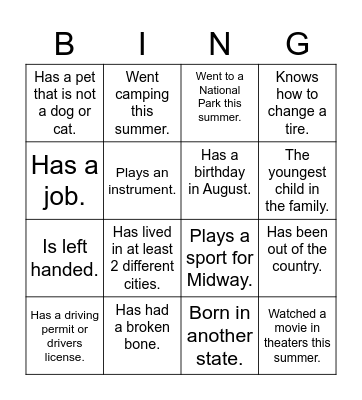 Have different people sign each box. Bingo Card