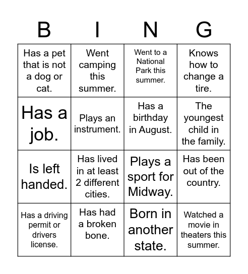 Have different people sign each box. Bingo Card