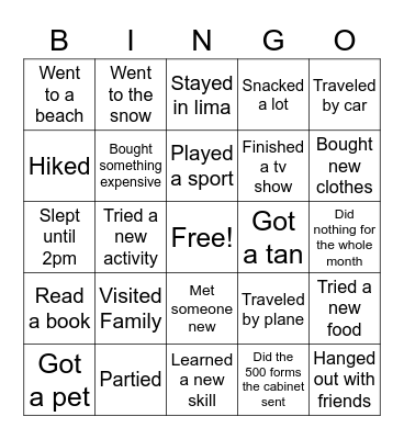 Vacation Bingo! Bingo Card