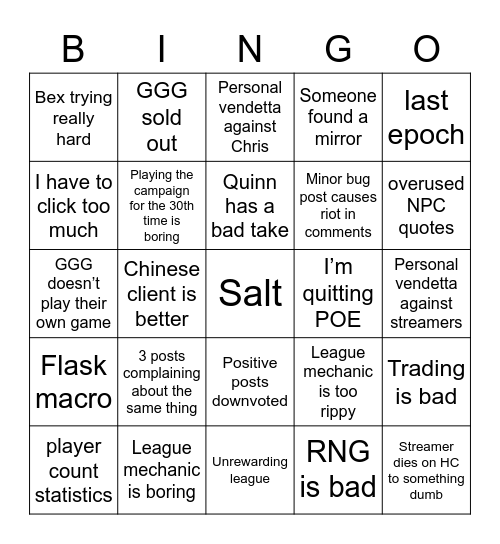 Path of Exile subreddit Bingo Card