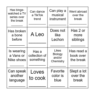 Class Icebreaker Bingo Card