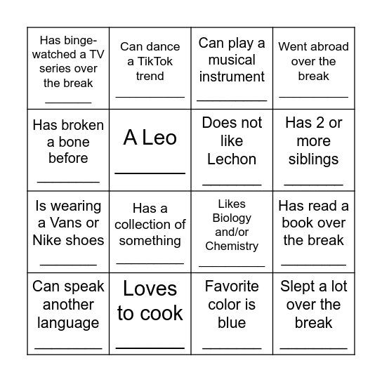 Class Icebreaker Bingo Card