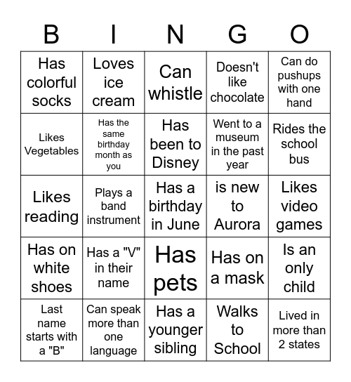 Middle School BINGO: Find someone who... Bingo Card