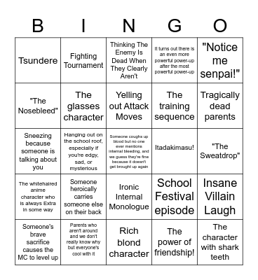 Anime Tropes Bingo Card