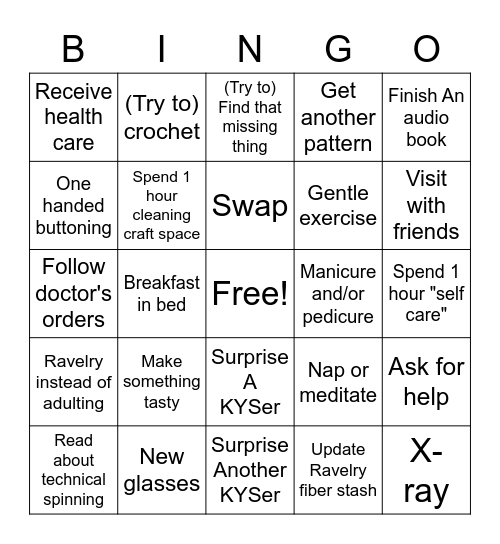 Yarn-Artz Injury Bingo Card