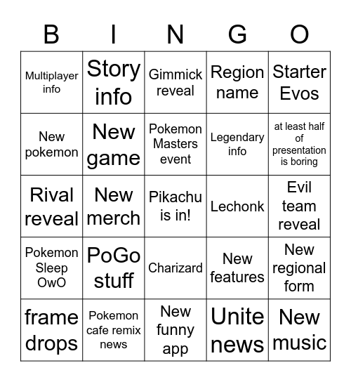 Pokémon Presents 8/3 Bingo Card