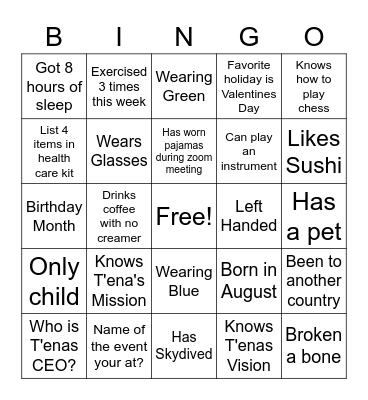 T'ena Health Find Someone Bingo Card