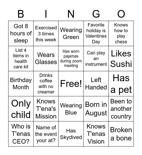 T'ena Health Find Someone Bingo Card