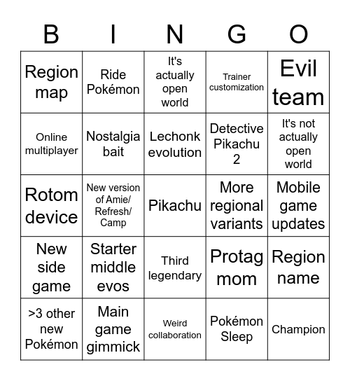 Pokémon Presents Bingo Card