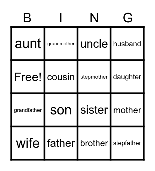 Family Vocaubulary Bingo Card