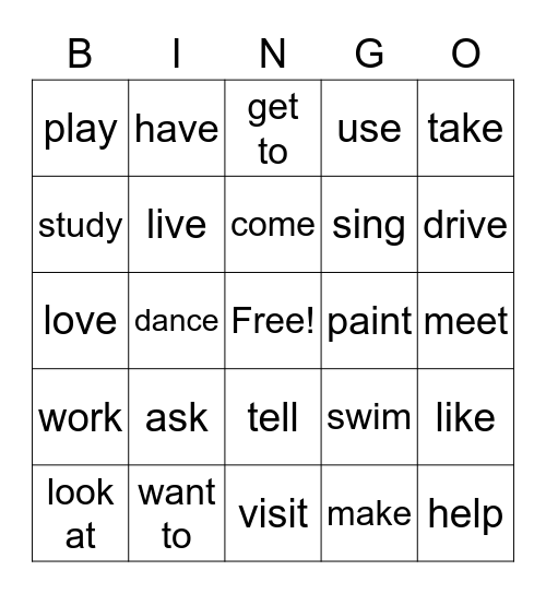 Verbs 1 Bingo Card