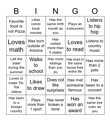 Middle School Bingo Card