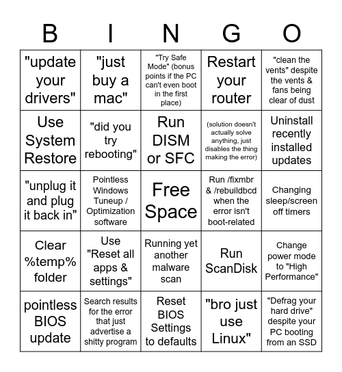 Shitty Repeated Tech Support Advice Bingo Card