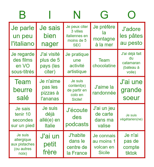 Nostra Sicilia Bingo Card