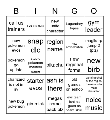 Pokemon Presents Bingo Card