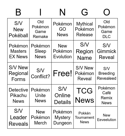 Pokémon Direct Bingo Card