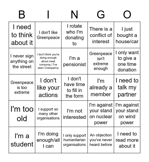 DD Objections Bingo Card