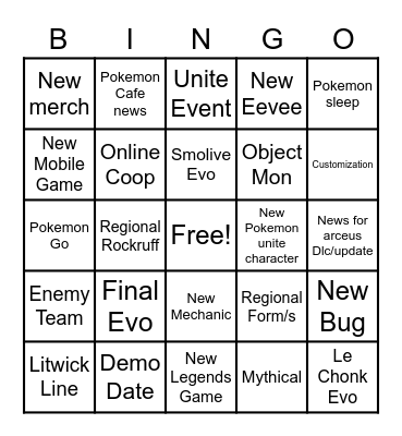 Pokemon Presentation Bingo Card