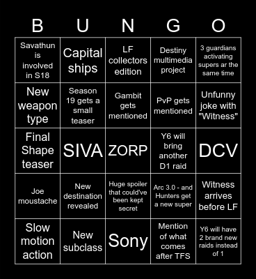 August 23rd Showcase Bingo Card