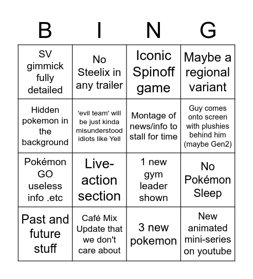 Pokemon Direct teim Bingo Card