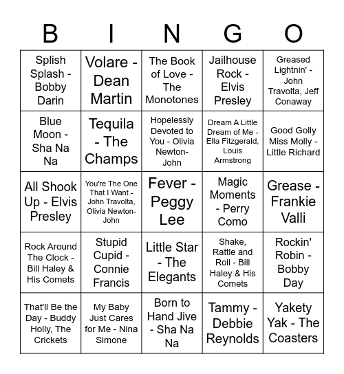 Healthy U 50s Music Bingo - Jukebox Hits! Bingo Card