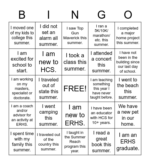 Staff Back to School Bingo Card