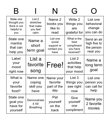 Mental Health Bingo Card