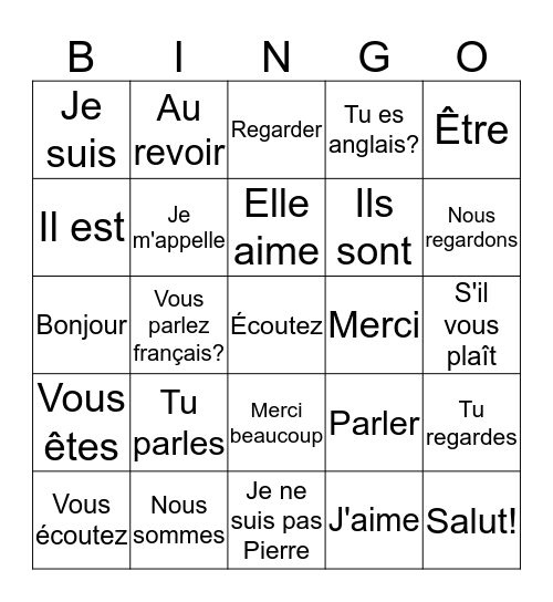 Verbes et vocabulaire élémentaire Bingo Card