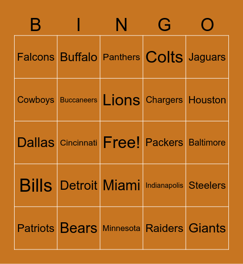 NFL Bingo Card