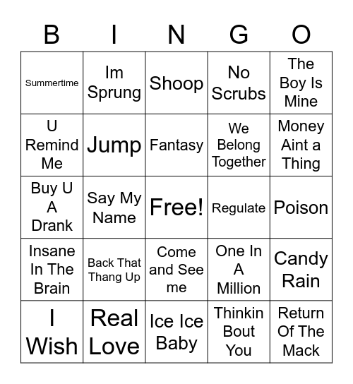 Rap and R&B Bingo Card