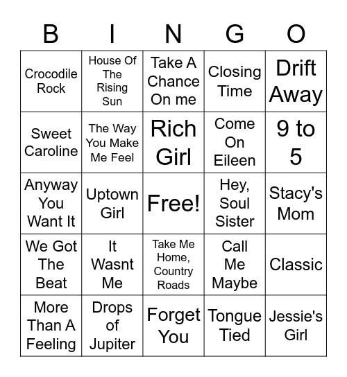 Songs To Sing Bingo Card