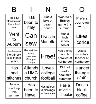 New Hire Bingo Card