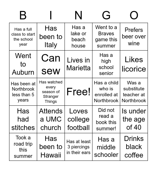 New Hire Bingo Card