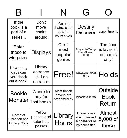 La Joya Library Orientation Bingo Card