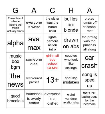 gacha life life gacha Bingo Card