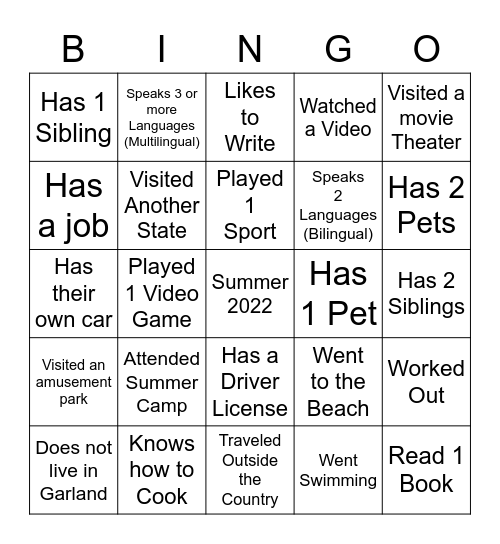 SUMMER 2022 Bingo Card