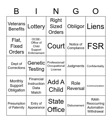 Child Support Bingo Card