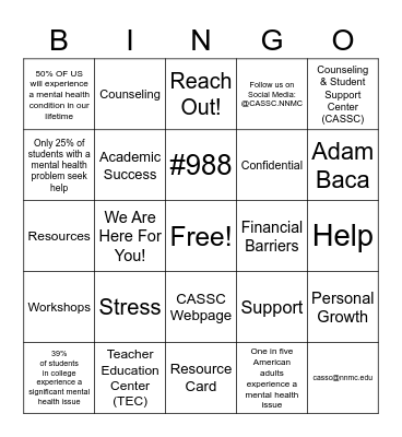 CAMP Orientation - CASSC Bingo Card