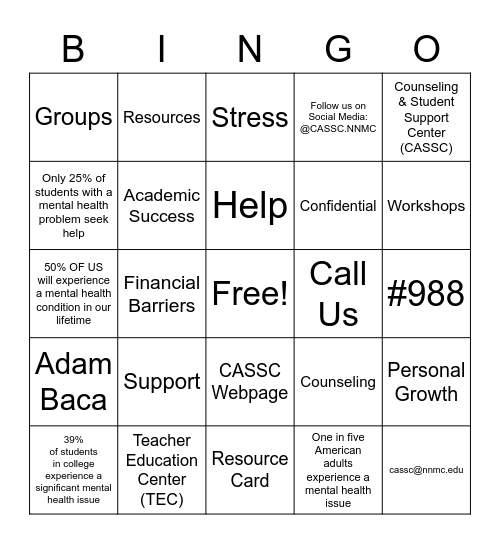 CAMP Orientation - CASSC Bingo Card