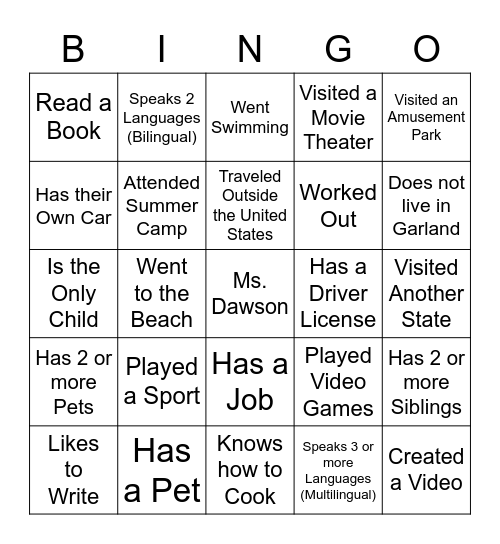 Summer 2022 Bingo Card
