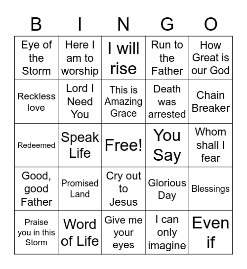 Christian worship songs Bingo Card