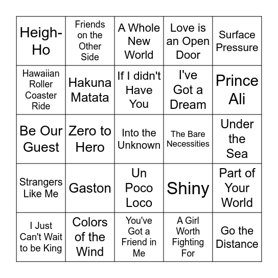 DISNEY Bingo Card