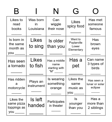 Human Bingo! (Block 3 Turner) Bingo Card