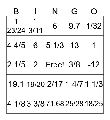 Fraction Bingo 10-1-15 Bingo Card