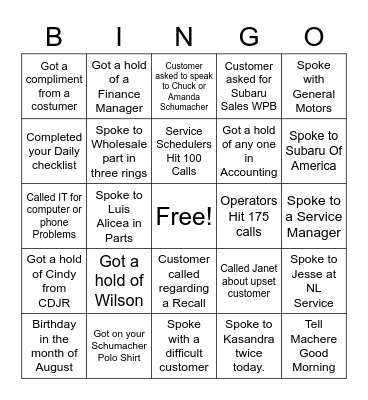 Call Center Bingo Card