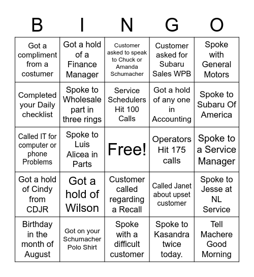 Call Center Bingo Card