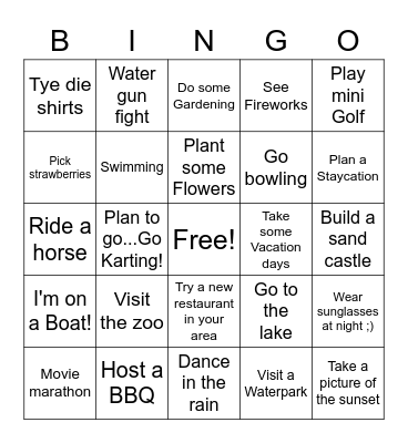 Summer Bucket List Bingo Card