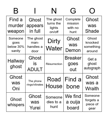 PhasmoPHOBIA Bingo Card