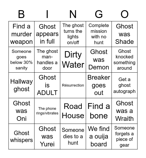 PhasmoPHOBIA Bingo Card