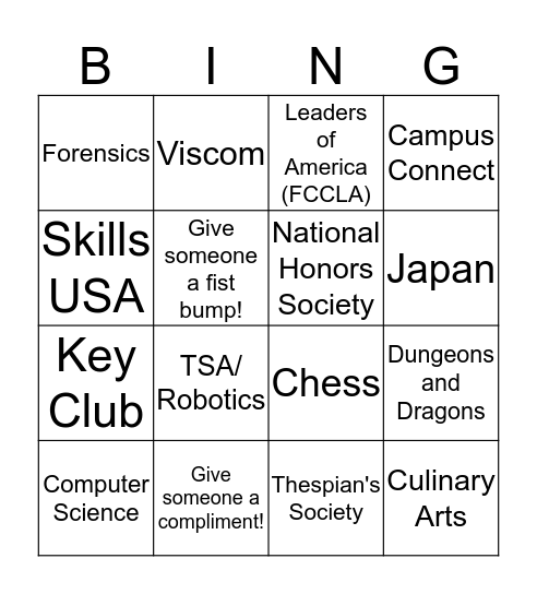 Club Fair Bingo Card